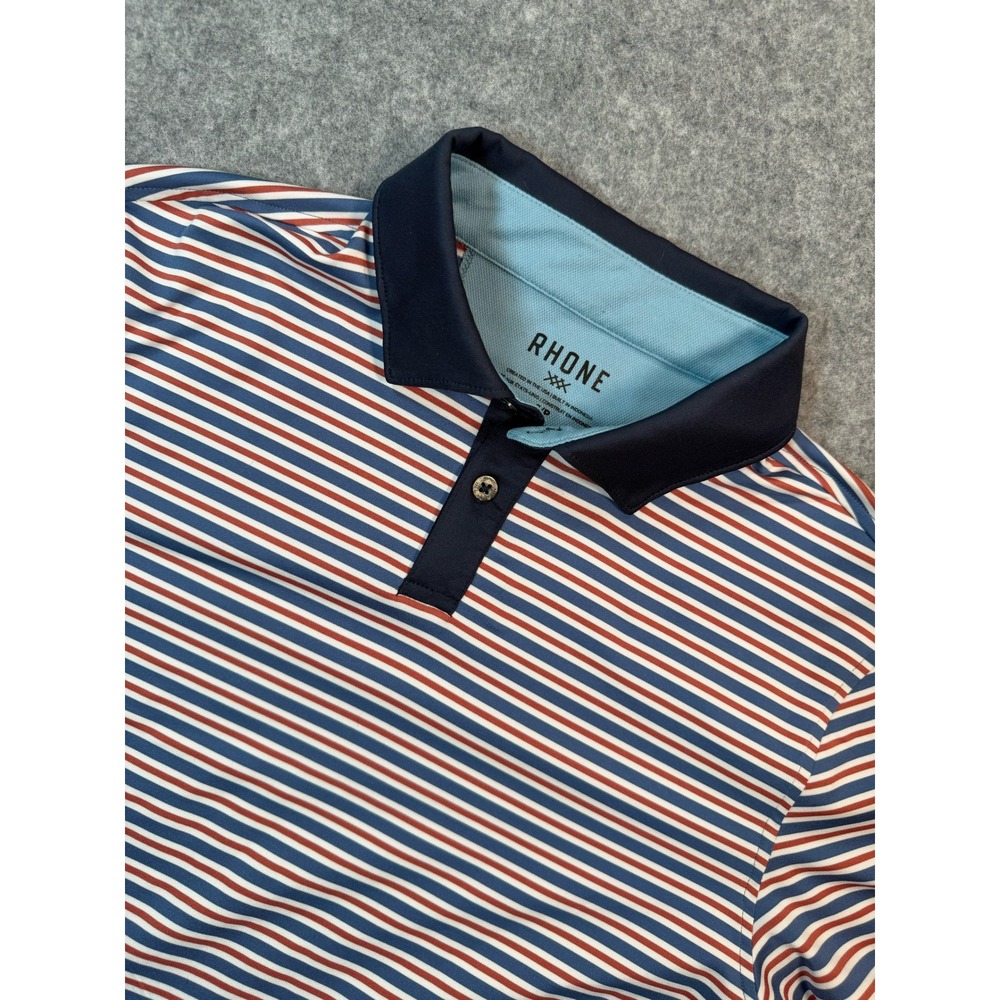 Rhone Mens Performance Polo Shirt Small Navy Red White Striped Golf Short Sleeve